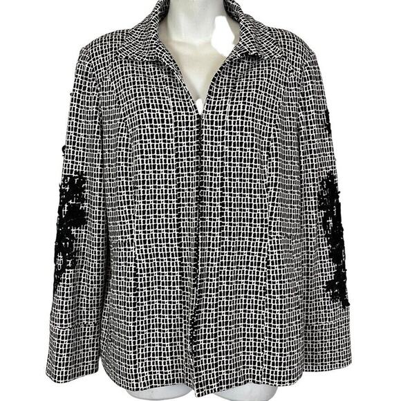 Chicos Womens Black White Lace Applique Ponte Knit Stretch Blazer Jacket 1 8 10 - Picture 1 of 16